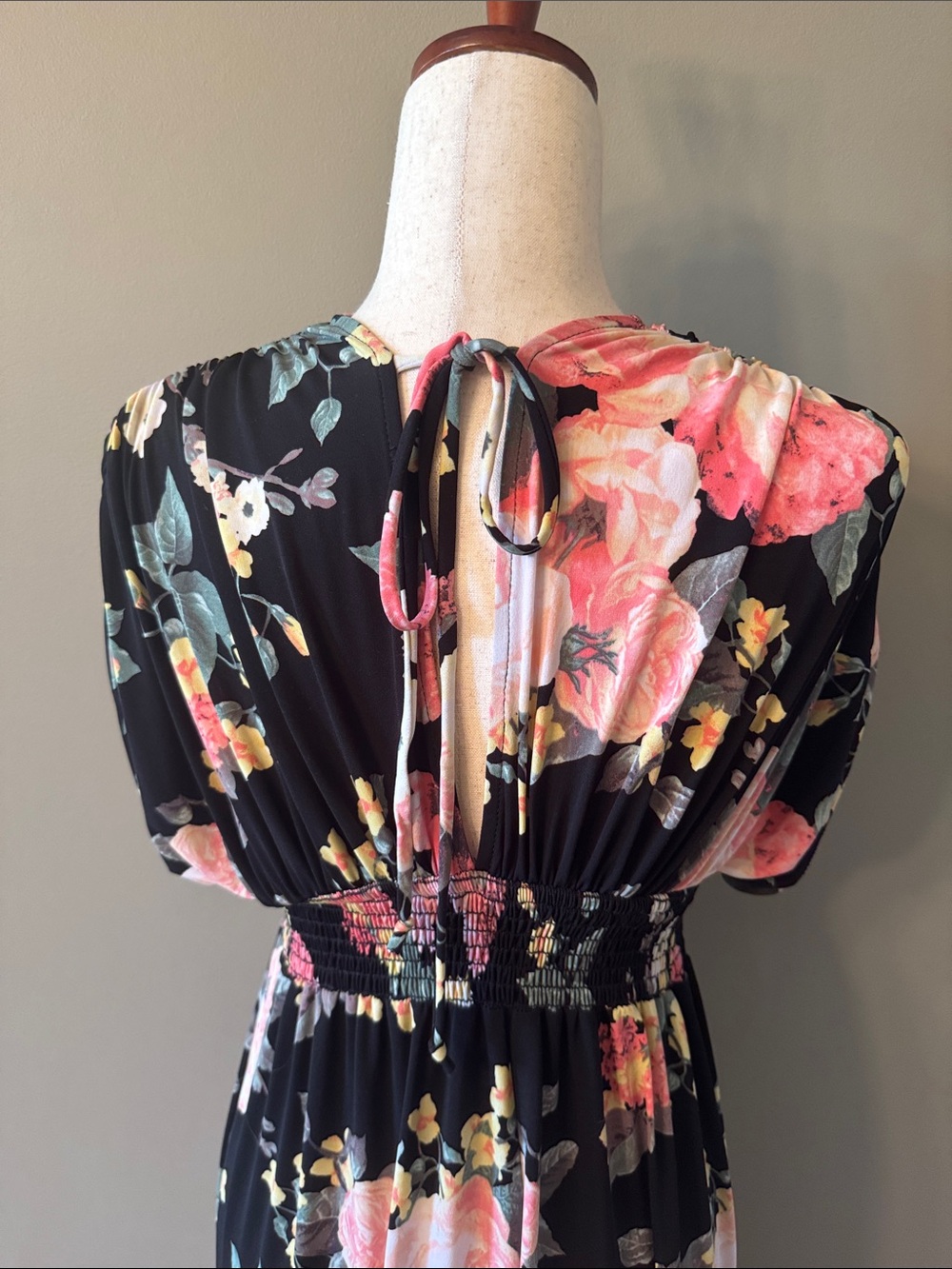 Emerald Black Maxi Dress with Pink, Coral & Green Floral Print Maternity - Picture 6 of 9